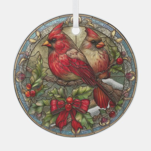 Cardinals on Holly Branch with Red Ribbon Ornament Aus Glas (Vorderseite)