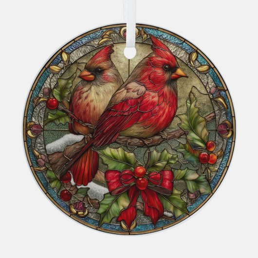 Cardinals on Holly Branch with Red Ribbon Ornament Aus Glas (Rückseite)