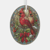 Cardinals on Holly Branch with Red Ribbon Ornament Aus Glas (Vorderseite Rechts)
