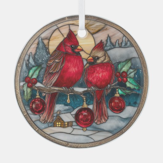 Cardinals on Holly Branch with Snowy Cabin Ornament Aus Glas (Vorderseite)