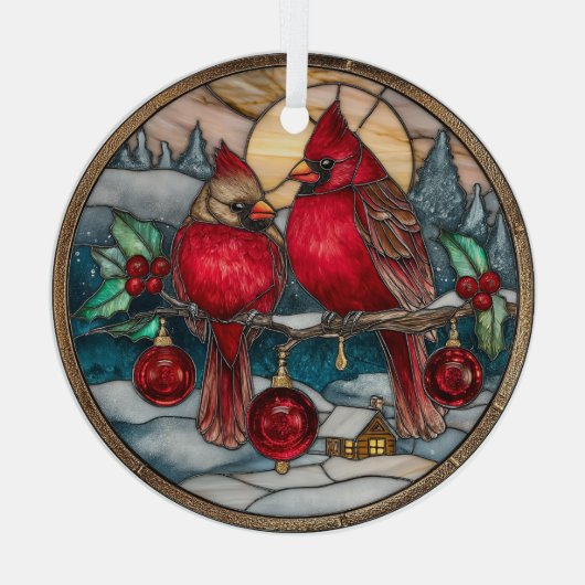 Cardinals on Holly Branch with Snowy Cabin Ornament Aus Glas (Rückseite)