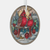 Cardinals on Holly Branch with Snowy Cabin Ornament Aus Glas (Vorderseite Rechts)