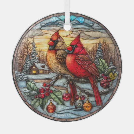 Cardinals on Snowy Branch with Holly Ornament Aus Glas (Vorderseite)
