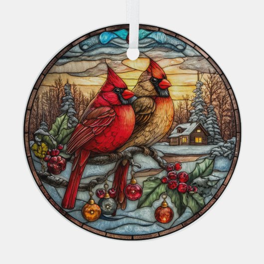 Cardinals on Snowy Branch with Holly Ornament Aus Glas (Rückseite)
