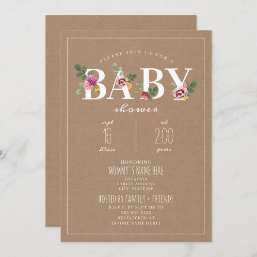 Cardstock Bloral Baby Dusche Einladung (Vorne/Hinten)