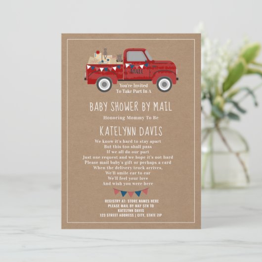 Cardstock Inspiriert Red Truck Baby Dusche per Pos Einladung (Stehend Vorderseite)