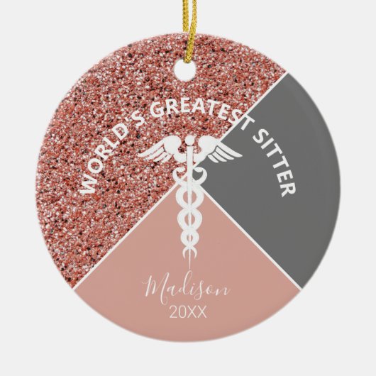 Caregier Rose Gold Pink Glitzer Personalisiert Keramik Ornament (Vorne)
