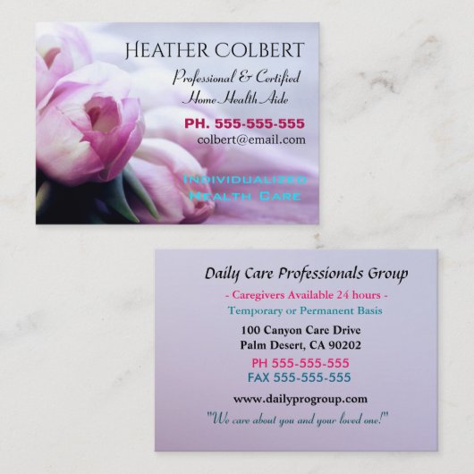 Caregiver Hübsch Pink Tulips Glücklich Beruflich Visitenkarte (Vorne/Hinten)
