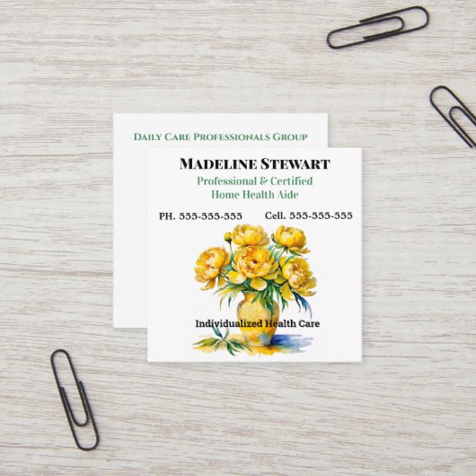 Caregiver Yellow Peony Square Beruflich Quadratische Visitenkarte (Vorderseite/Rückseite Beispiel)