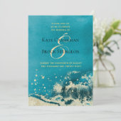 Caribbean Blue Sea Gold Coast Moderne Hochzeit Einladung (Stehend Vorderseite)