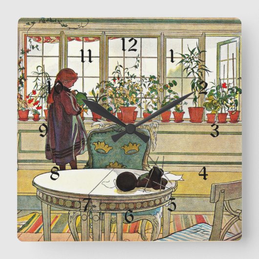 Carl Larsson - Blume über das Windows Quadratische Wanduhr (Vorderseite)