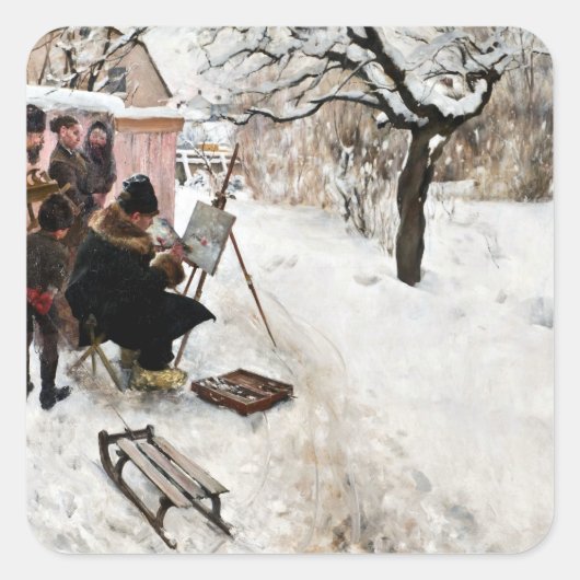 Carl Larsson Open-Air-Malerin. Winter-Motif Quadratischer Aufkleber (Vorderseite)