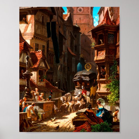 Carl Spitzweg - Ankunft der Postkutsche 1859 Poster (Vorne)