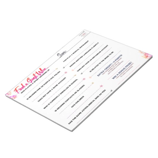 Carlas Brautparty Game "Finde einen Gast, der.." Notizblock (angewinkelt)