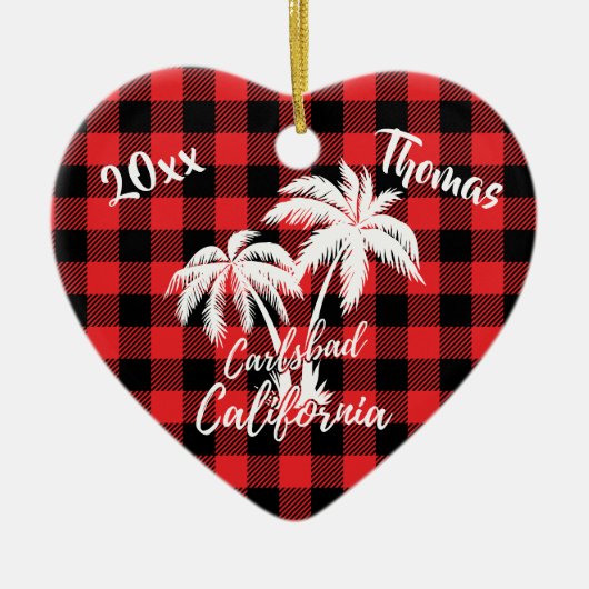 Carlsbad California Beach Palm Tree Red Kariert Keramik Ornament (Vorne)