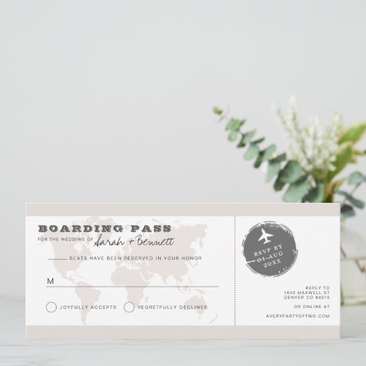 CARMEN Beige World Map Boarding Pass RSVP Card Einladung (Stehend Vorderseite)