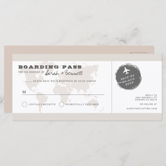 CARMEN Beige World Map Boarding Pass RSVP Card Menükarte (Vorne/Hinten)
