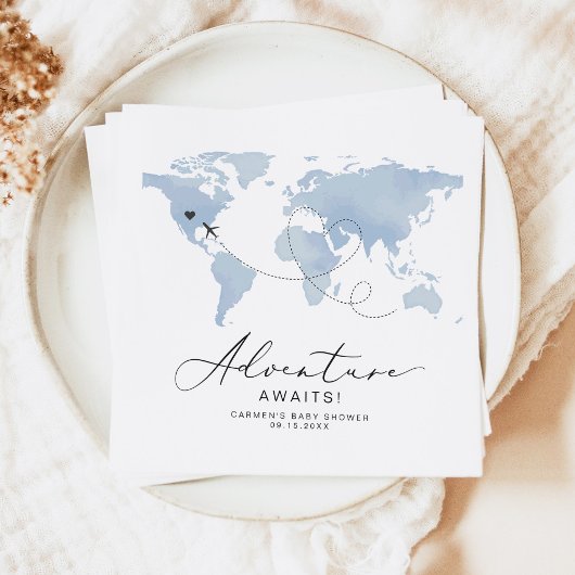 CARMEN Dusty Blue Map Adventure Baby Shower Serviette