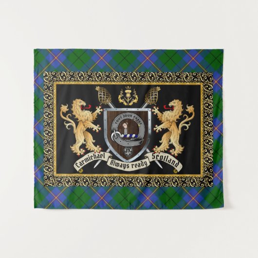 Carmichael Clan Abzeichen & Motto w/Lions Wandteppich (Vorderseite (Horizontal))