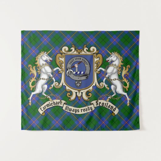 Carmichael Clan Abzeichen & Unicorns w/Tartan Wandteppich (Vorderseite (Horizontal))