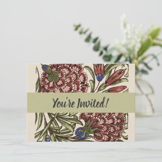 Carnation Blume Tile Antique Rustikale Kunst Einladung (Stehend Vorderseite)