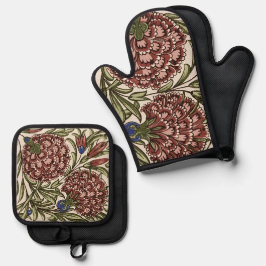 Carnation Blume Tile Antique Rustikale Kunst Ofenhandschuh & Topflappen-Set (Vorderseite/Rückseite)
