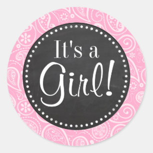 Carnation Pink Paisley; Vintager Chalkboard-Look Runder Aufkleber