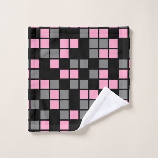 Carnation Pink, Schwarz, Grau Random Mosaik Quadra Badhandtuch Set (Waschlappen)