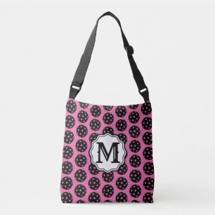 Carnation Pink und Black Monogram Pickleball Cross Tragetaschen Mit Langen Trägern