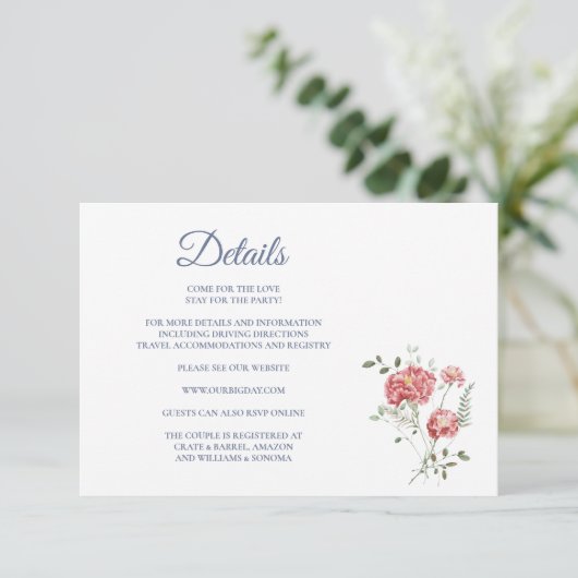 Carnations and Blue Enclosure Card Details Begleitkarte (Stehend Vorderseite)