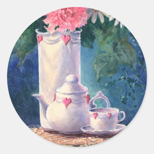 CARNATIONS & TEAPOT VON SHARON SHARPE RUNDER AUFKLEBER (Vorderseite)