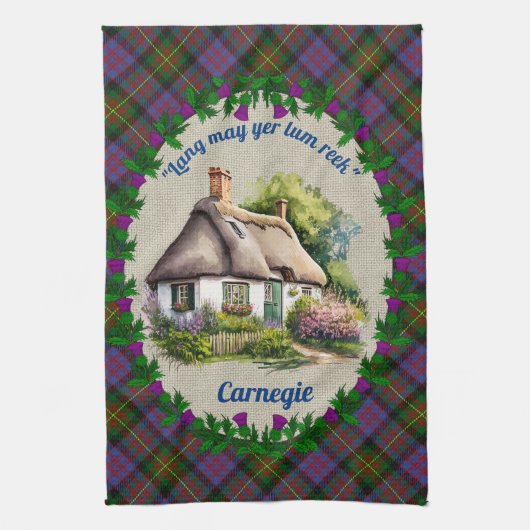 Carnegie Thatched Hütte & Tartan Personalisiert Geschirrtuch (Vertikal)
