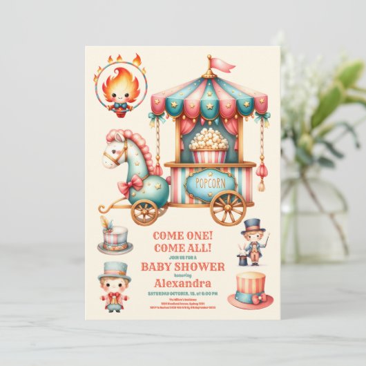 Carnival Circus Baby Dusche Einladung (Stehend Vorderseite)