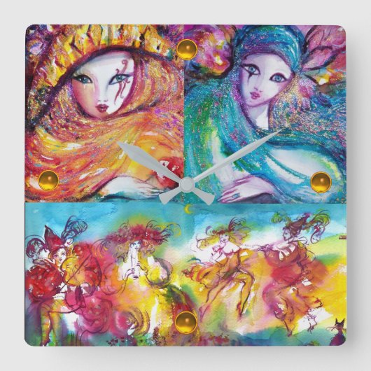 CARNIVAL NIGHT Masquerade Masken, Tanz und Musik Quadratische Wanduhr (Vorderseite)