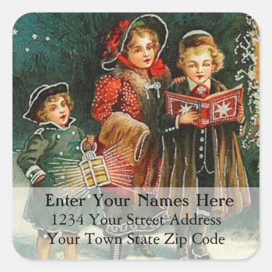 Carolers Singing Vintage Christmas Address Label Quadratischer Aufkleber (Vorderseite)