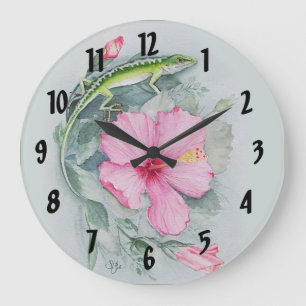 Carolina Anole & Hibiscus Große Wanduhr