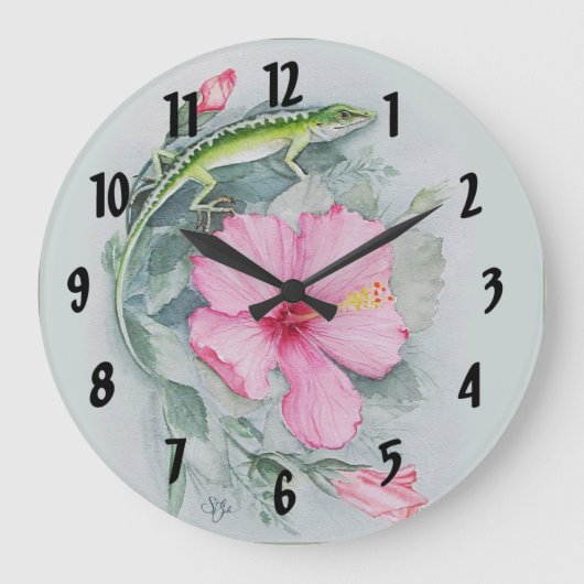 Carolina Anole & Hibiscus Große Wanduhr (Vorderseite)