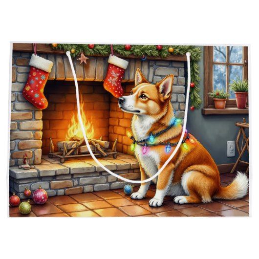 Carolina Dog Fireplace with Christmas Lights Große Geschenktüte (Rückseite)