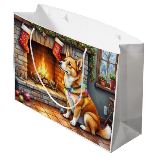 Carolina Dog Fireplace with Christmas Lights Große Geschenktüte (Rückseite Schrägansicht)