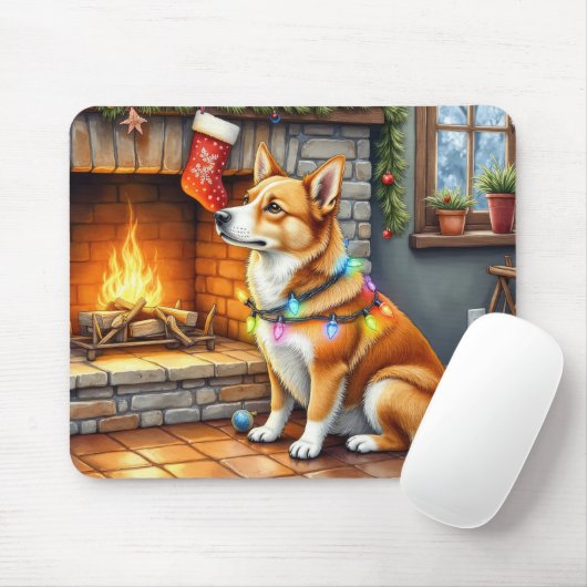Carolina Dog Kamin mit Weihnachtslichtern Mousepad (Mit Mouse)