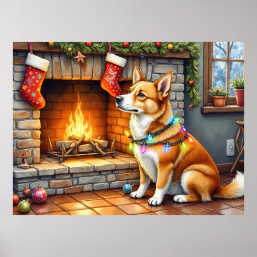 Carolina Dog Kamin mit Weihnachtslichtern Poster (Vorne)
