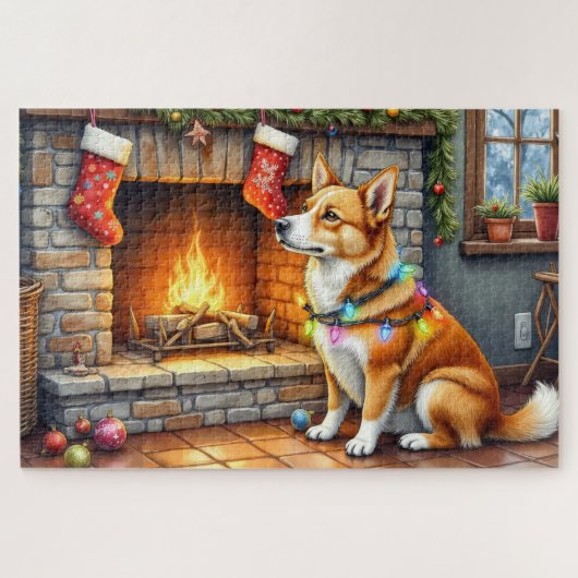 Carolina Dog Kamin mit Weihnachtslichtern Puzzle (Horizontal)