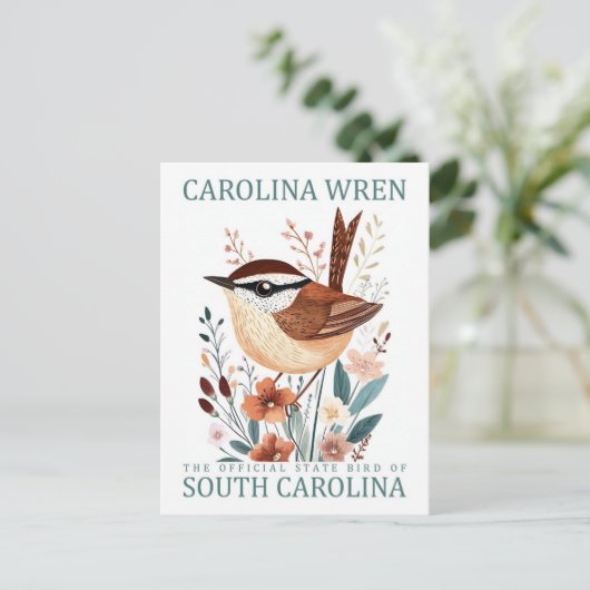 Carolina Wren Bird von South Carolina Travel Postkarte (Stehend Vorderseite)