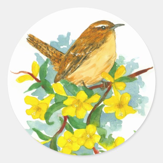 Carolina Wren Jessamine Watercolor Blume Runder Aufkleber (Vorderseite)
