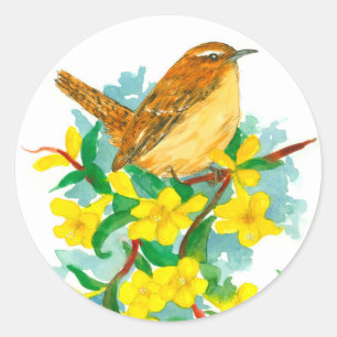 Carolina Wren Jessamine Watercolor Blume Runder Aufkleber
