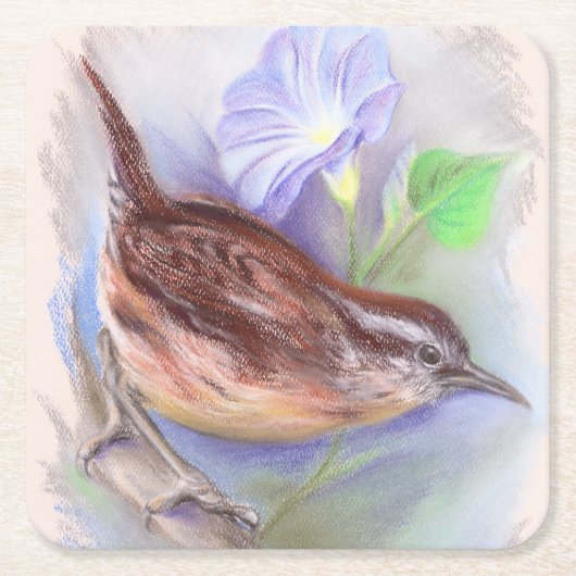 Carolina Wren mit den Blume der Morning Glory Rechteckiger Pappuntersetzer (Vorderseite)