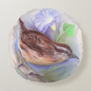 Carolina Wren mit den Blume der Morning Glory Rundes Kissen