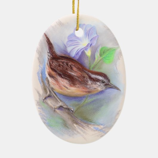 Carolina Wren mit Morning Gloriage Blume Urlaub Keramikornament (Hinten)