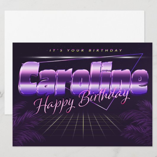 Caroline Name Vorname lila retro Karte Geburtstag (Vorne/Hinten)