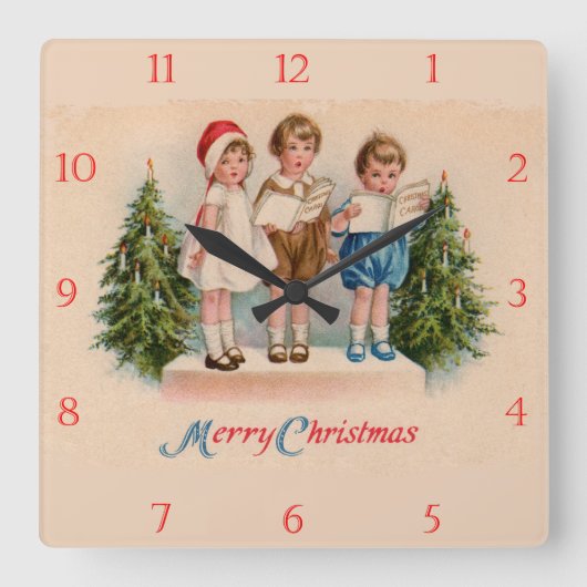 Caroling Kids Christmas Clock Quadratische Wanduhr (Vorderseite)